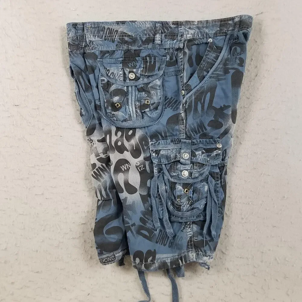 Cargo Shorts Mens 32 Blue All Over Print Multi Pocket‎ Drawstring Y2K Streetwear